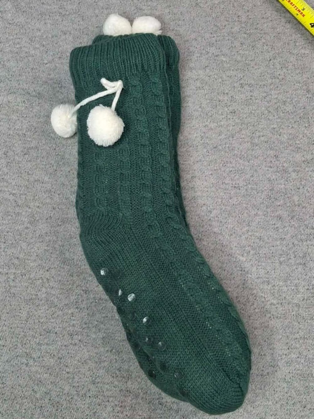 Women's Green Plush Winter Socks Cozy Knit House Socks Pom Pom Warm One Size